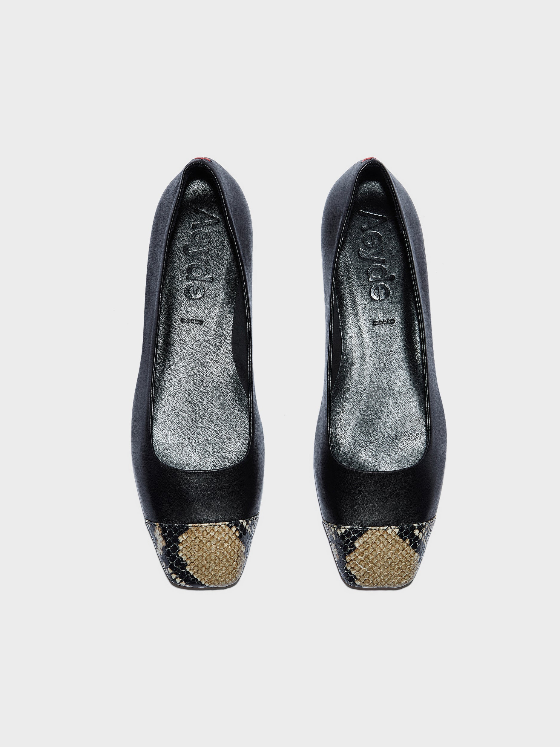 Aeyde | Ida Leather Flats for Women | Black/Hazelnut Nappa/Snake | Square Toe | Flat Heel | Front View