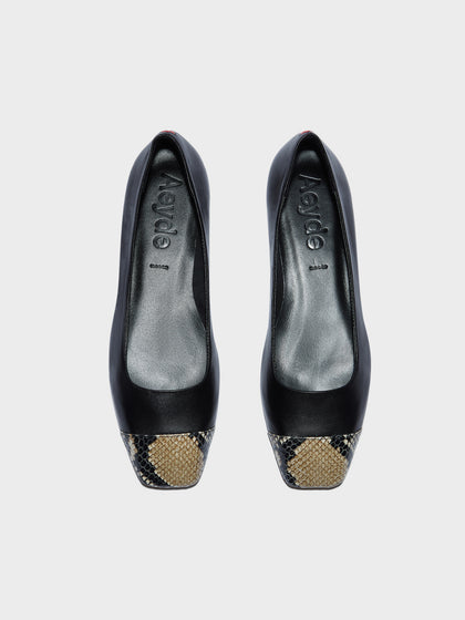 Aeyde | Ida Leather Flats for Women | Black/Hazelnut Nappa/Snake | Square Toe | Flat Heel | Front View