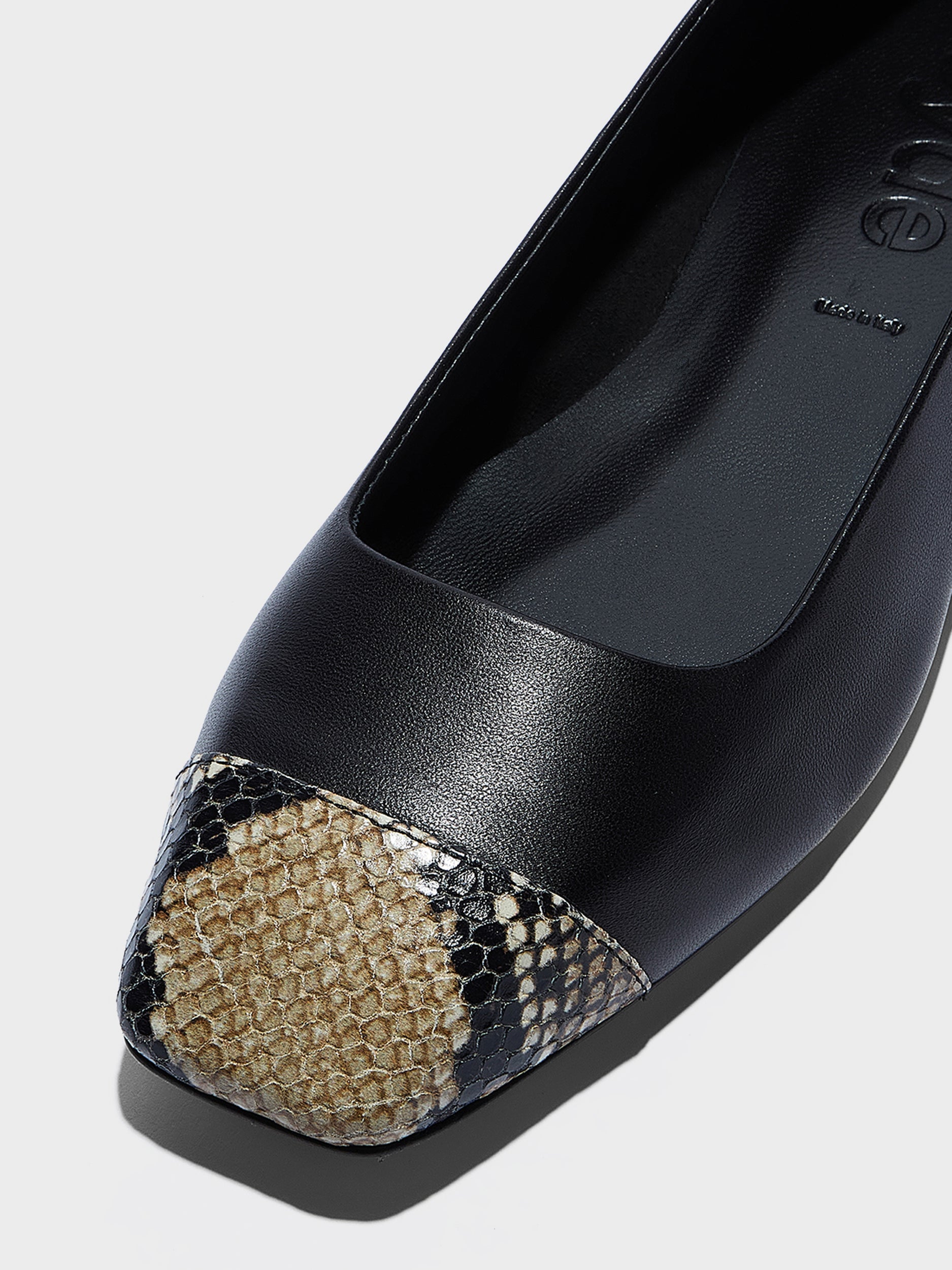 Aeyde | Ida Leather Flats for Women | Black/Hazelnut Nappa/Snake | Square Toe | Flat Heel | Heel Details