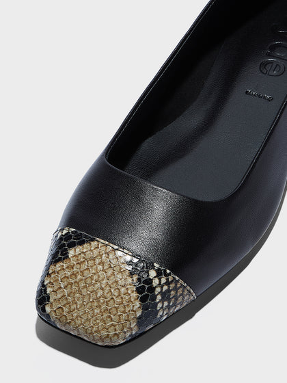 Aeyde | Ida Leather Flats for Women | Black/Hazelnut Nappa/Snake | Square Toe | Flat Heel | Heel Details