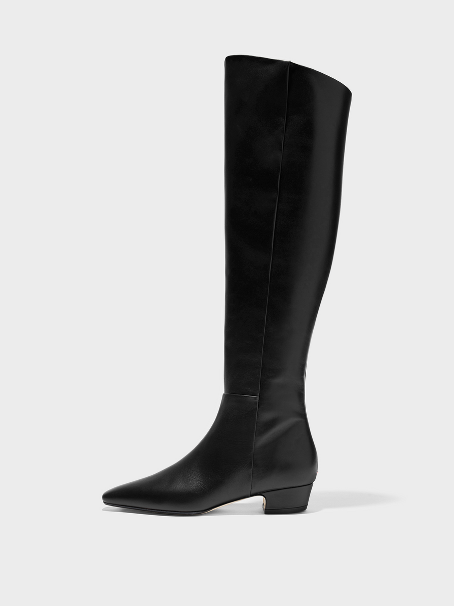Aeyde | Ilaria Knee-High Boots Leather Knee High Boots for Women | Black Calf | Square Toe | Low Heel | Side View