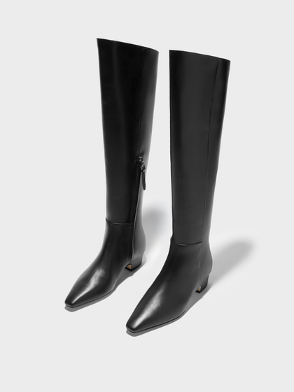 Aeyde | Ilaria Knee-High Boots Leather Knee High Boots for Women | Black Calf | Square Toe | Low Heel | Luxury Materials | Handmade in Italy