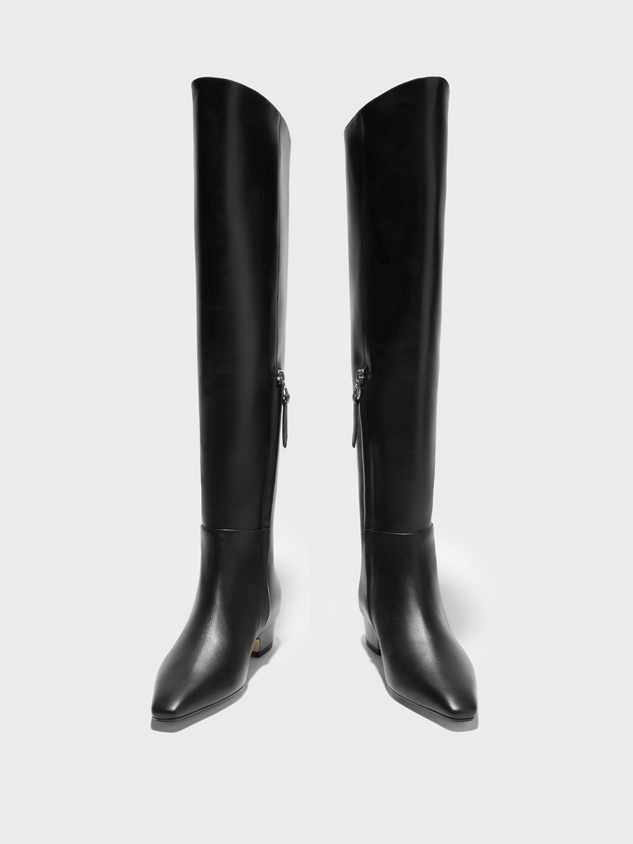 Aeyde | Ilaria Knee-High Boots Leather Knee High Boots for Women | Black Calf | Square Toe | Low Heel | Heel Details