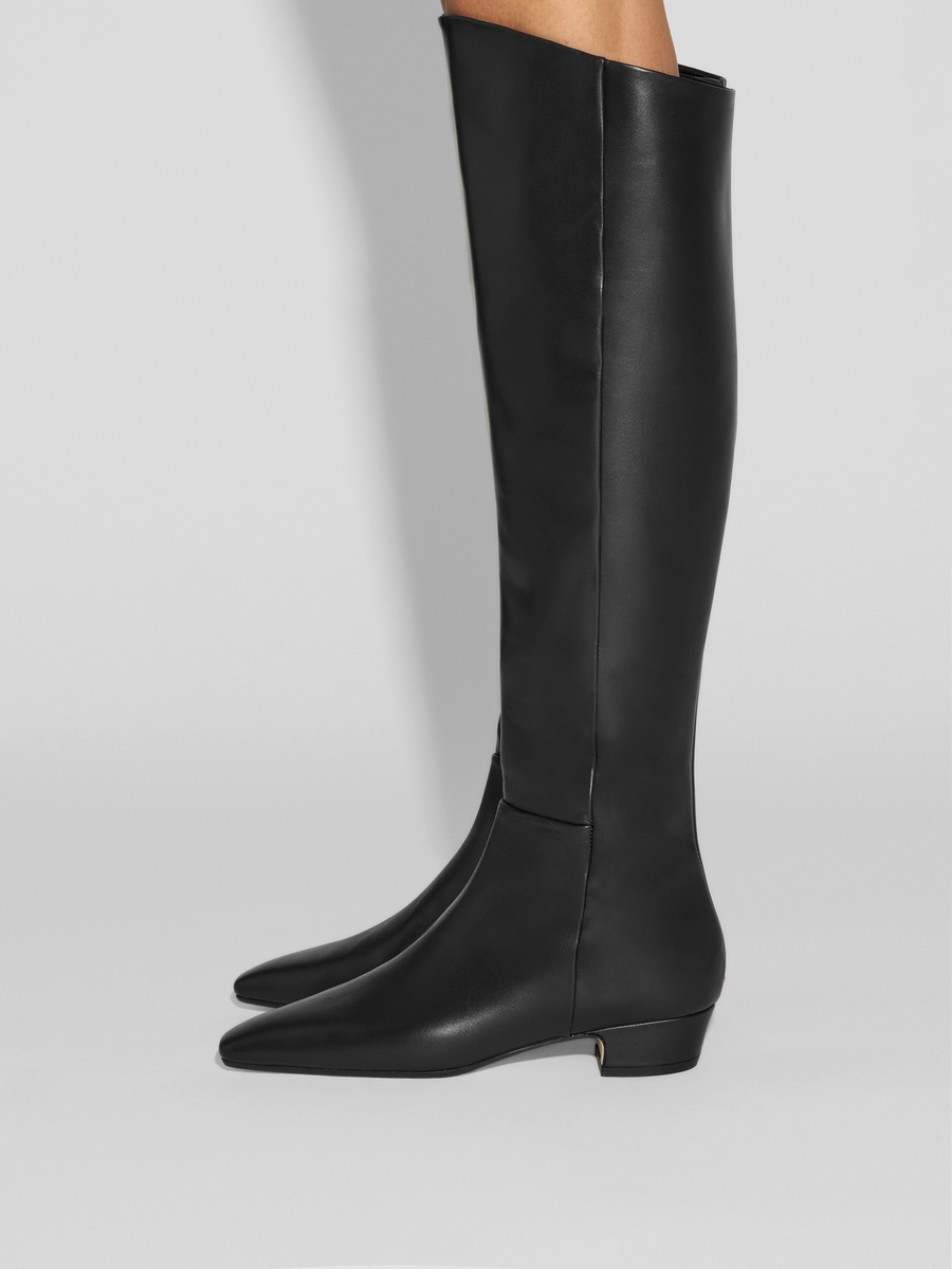 Aeyde | Ilaria Knee-High Boots Leather Knee High Boots for Women | Black Calf | Square Toe | Low Heel | How to Style