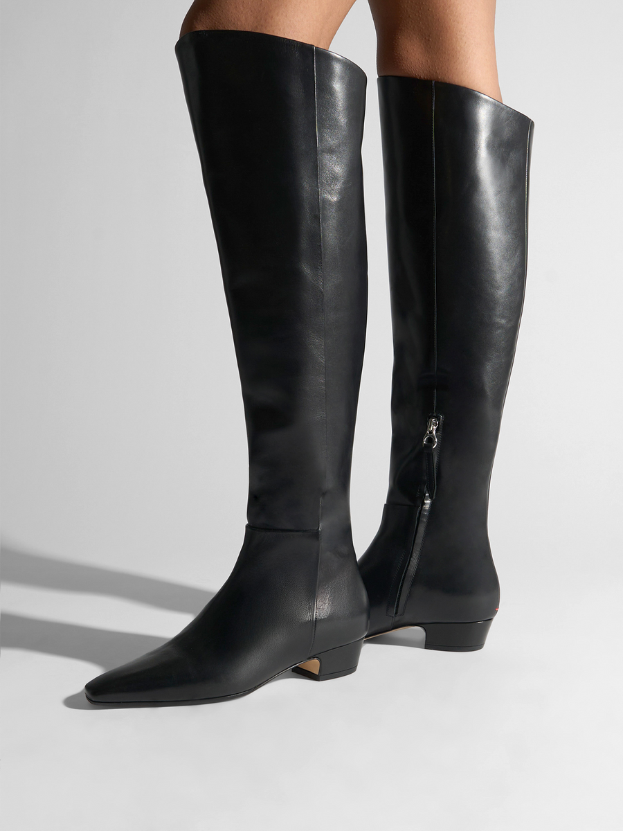 Aeyde | Ilaria Knee-High Boots Leather Knee High Boots for Women | Black Calf | Square Toe | Low Heel | On Feet