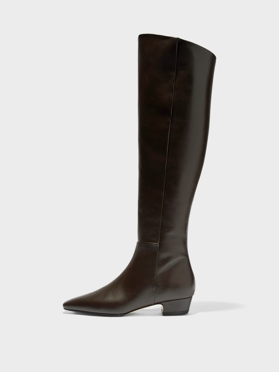 Aeyde | Ilaria Knee-High Boots Leather Knee High Boots for Women | Moka Calf | Square Toe | Low Heel | Side View