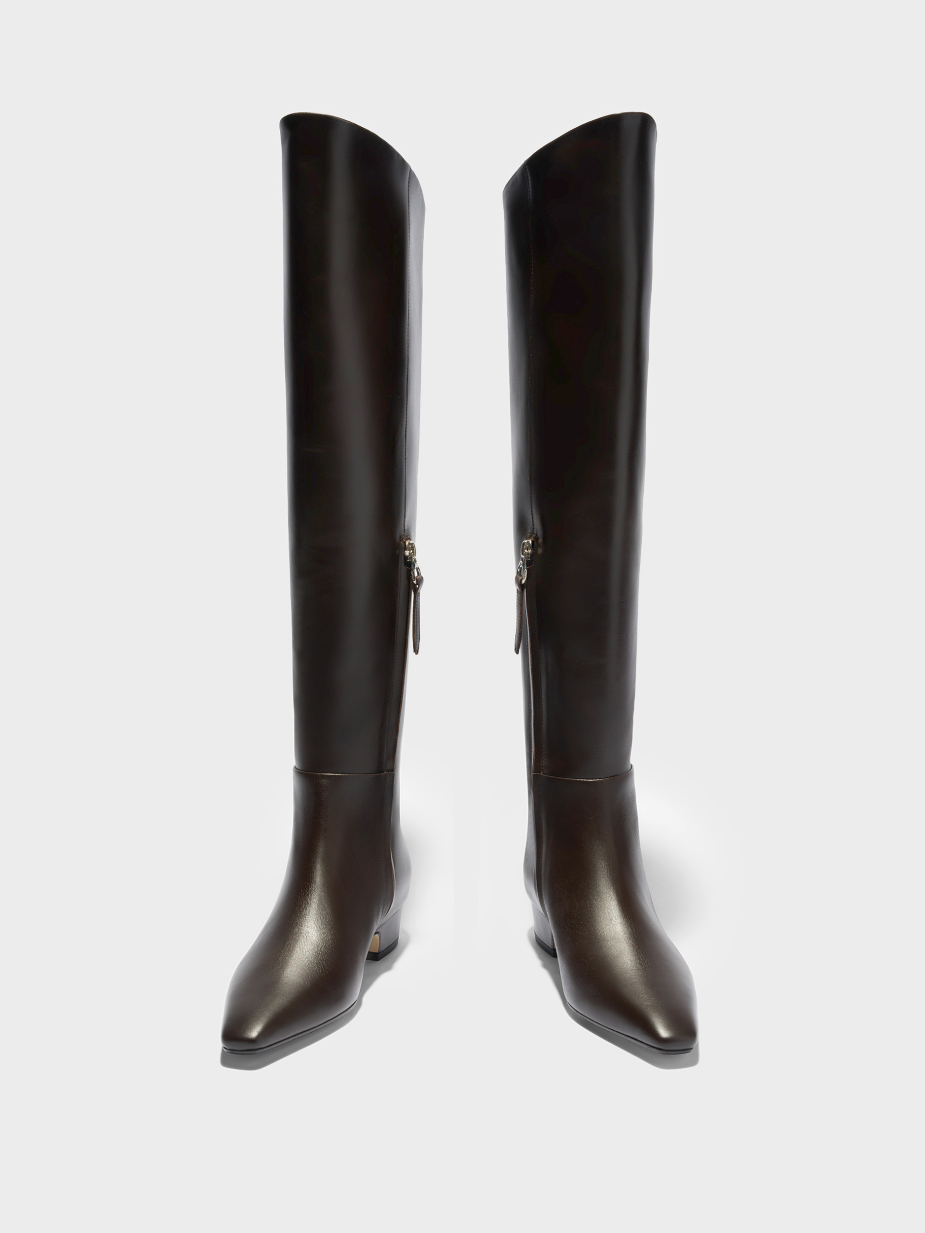 Aeyde | Ilaria Knee-High Boots Leather Knee High Boots for Women | Moka Calf | Square Toe | Low Heel | Front View