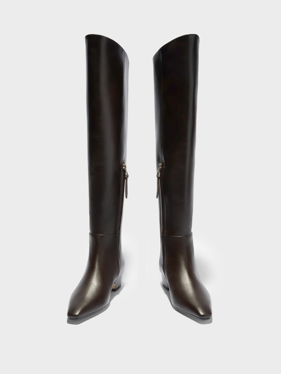 Aeyde | Ilaria Knee-High Boots Leather Knee High Boots for Women | Moka Calf | Square Toe | Low Heel | Front View