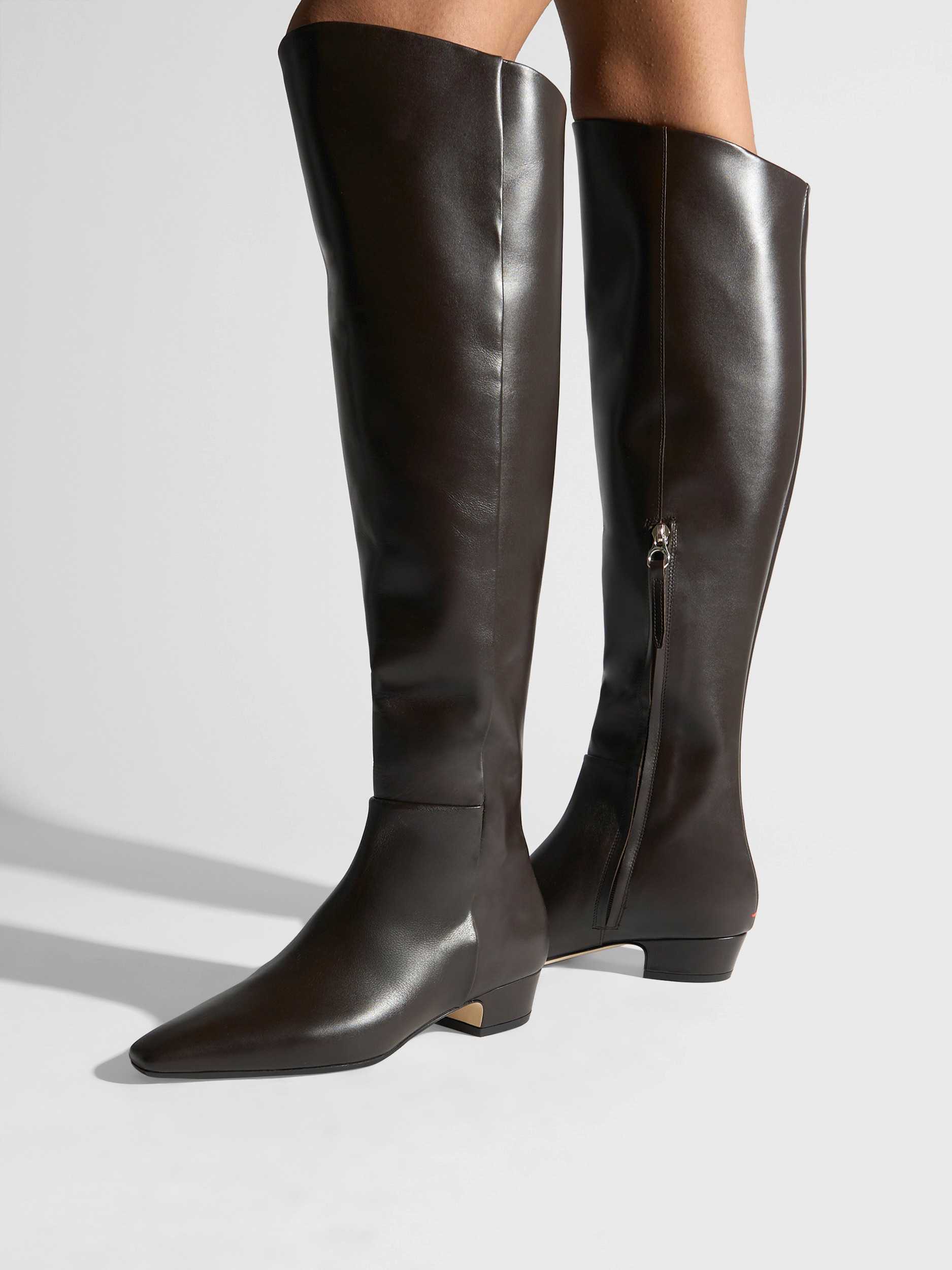 Aeyde | Ilaria Knee-High Boots Leather Knee High Boots for Women | Moka Calf | Square Toe | Low Heel | On Feet