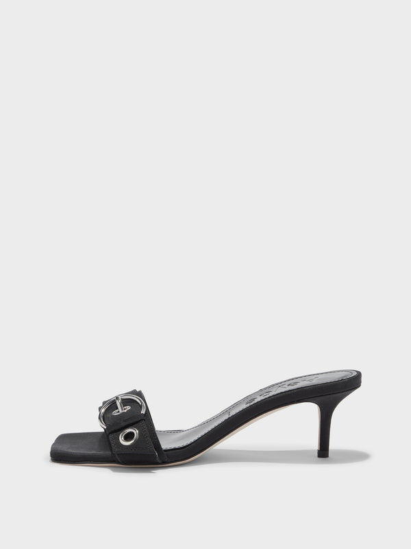 Aeyde | Ilvy Leather Heeled Sandals for Women | Grosgrain Black | Square Toe | Mid Heel | Side View [x=50,y=85]