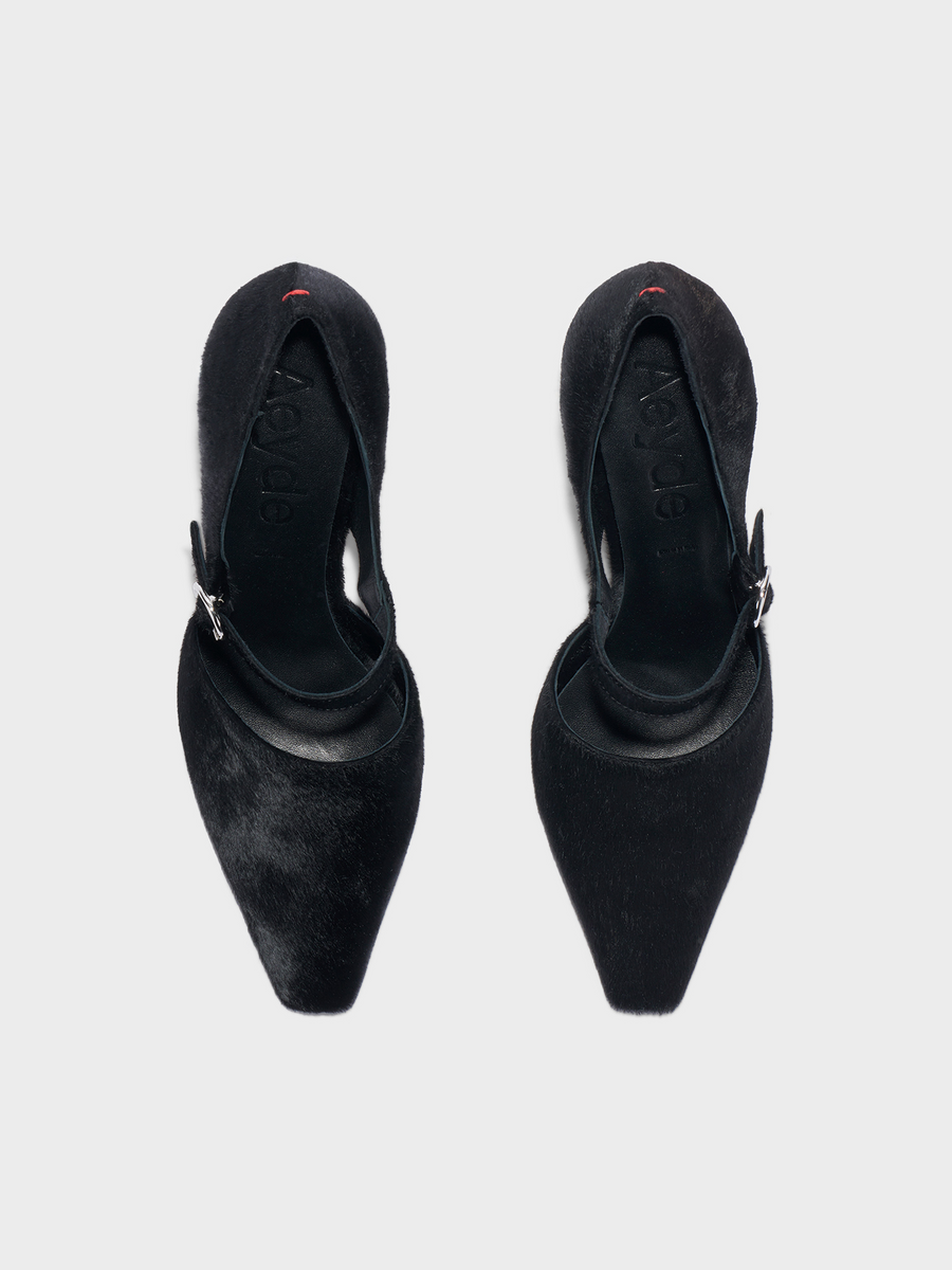 Aeyde | Isidora Pony Hair Pumps Leather Pumps for Women | Black Ponyhair | Square Toe | High Heel | Heel Details