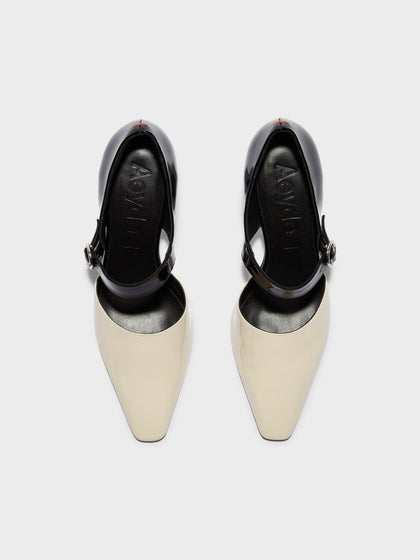 Aeyde | Isidora Leather Pumps for Women | Black/Creamy Patent | Square Toe | High Heel | Front View