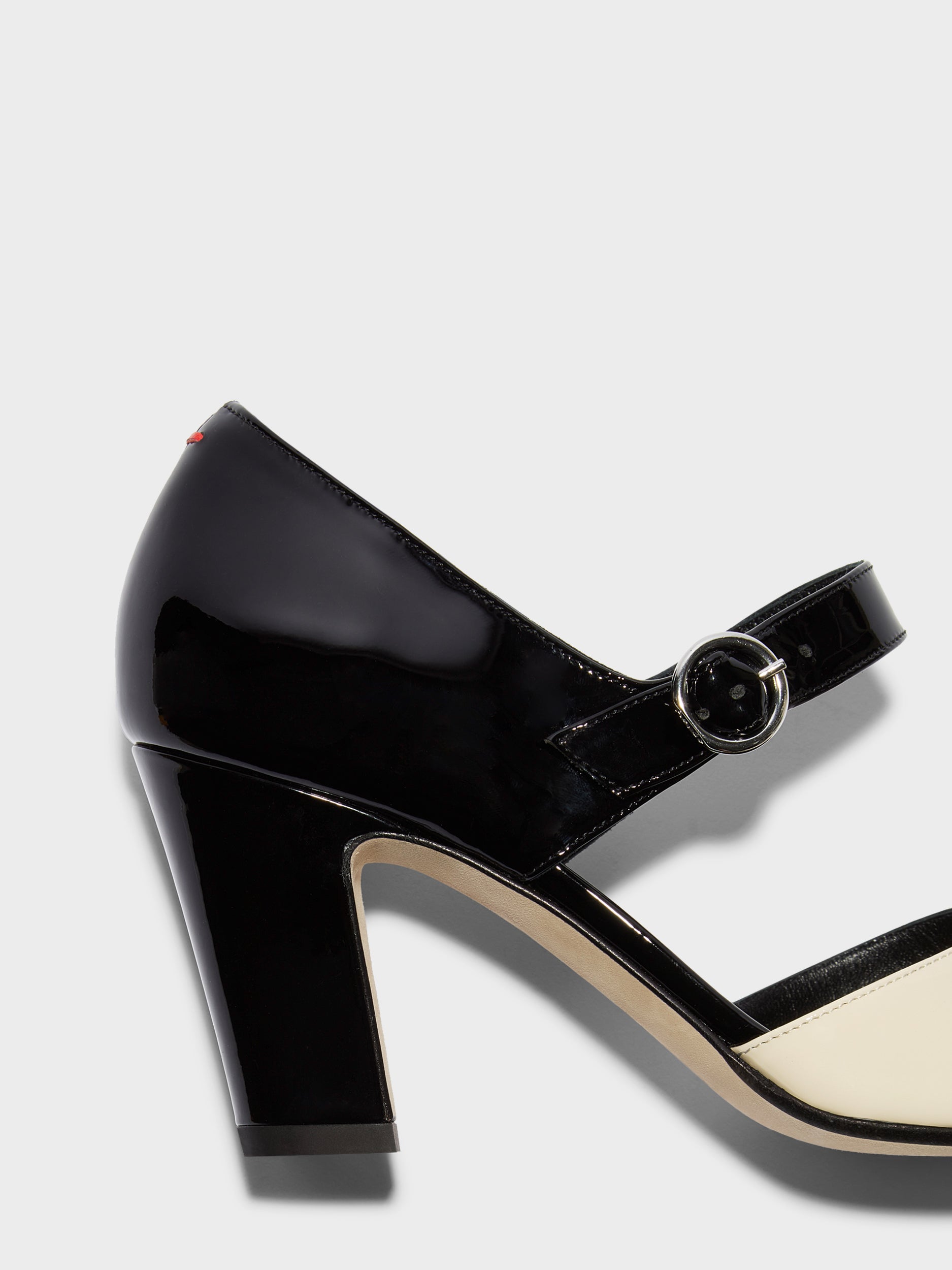 Aeyde | Isidora Leather Pumps for Women | Black/Creamy Patent | Square Toe | High Heel | Heel Details