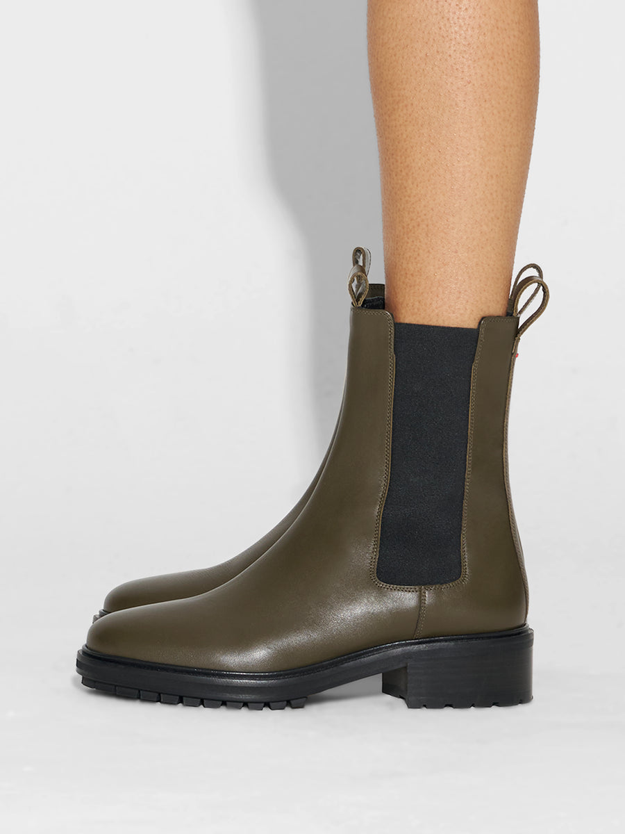 Aeyde | Jack Leather Ankle Boots for Women | Olive Calf | Round Toe | Low Heel | How to Style