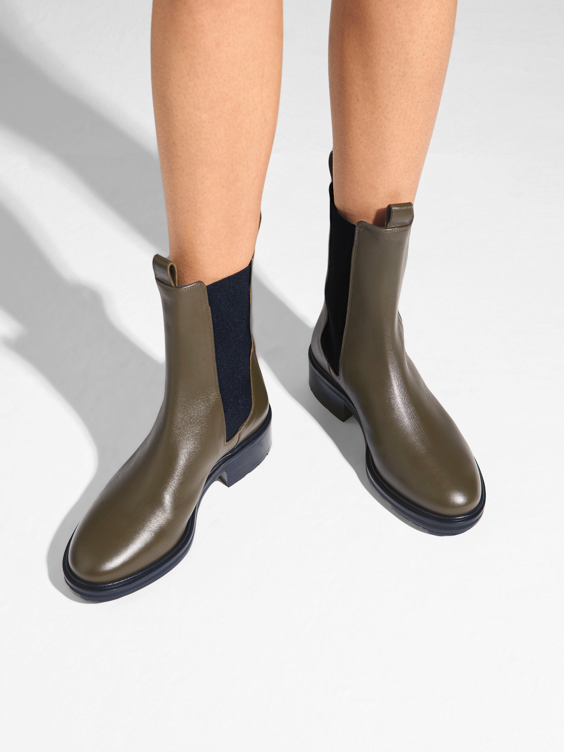 Aeyde | Jack Leather Ankle Boots for Women | Olive Calf | Round Toe | Low Heel | On Feet