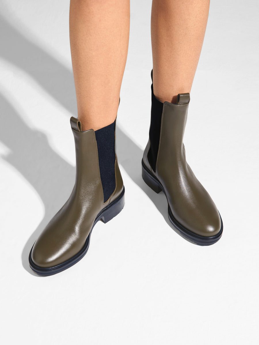 Aeyde | Jack Leather Ankle Boots for Women | Olive Calf | Round Toe | Low Heel | On Feet