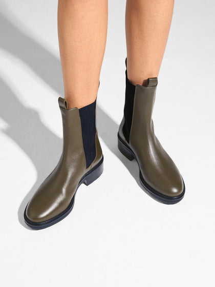 Aeyde | Jack Leather Ankle Boots for Women | Olive Calf | Round Toe | Low Heel | On Feet