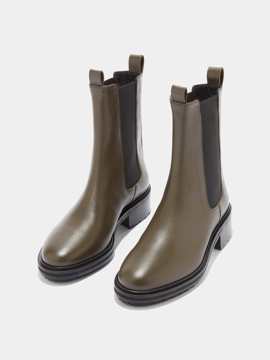 Aeyde | Jack Leather Ankle Boots for Women | Olive Calf | Round Toe | Low Heel | Luxury Materials | Handmade in Italy