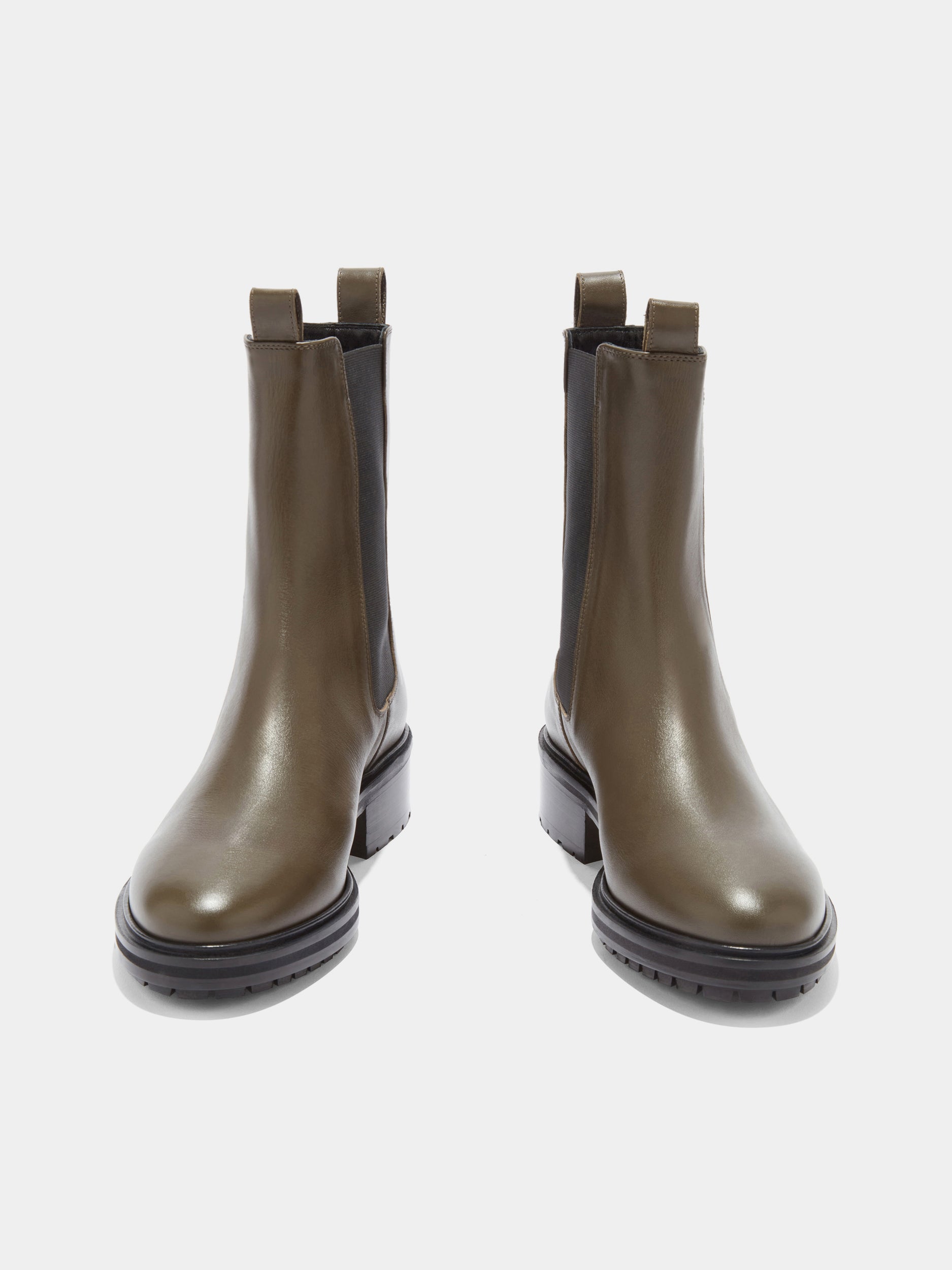 Aeyde | Jack Leather Ankle Boots for Women | Olive Calf | Round Toe | Low Heel | Front View