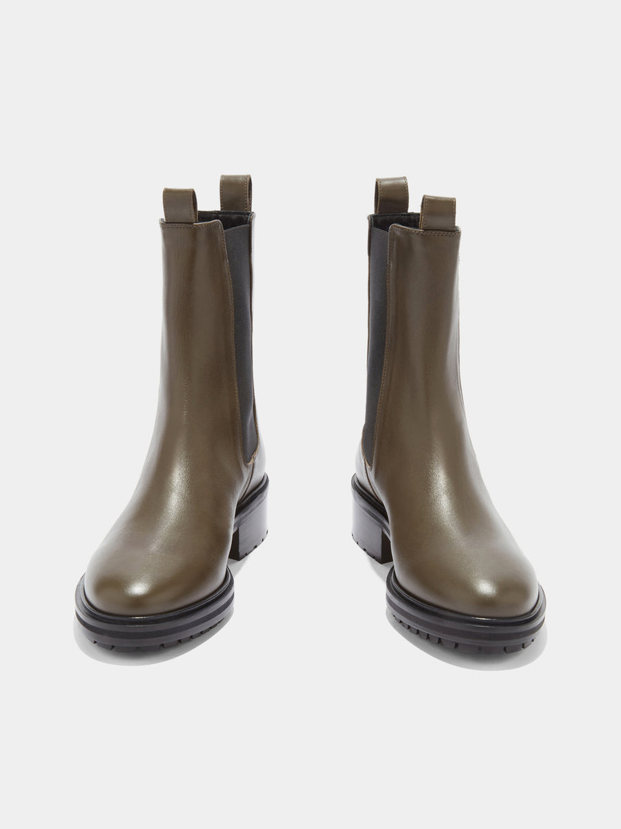 Aeyde | Jack Leather Ankle Boots for Women | Olive Calf | Round Toe | Low Heel | Front View