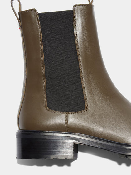 Aeyde | Jack Leather Ankle Boots for Women | Olive Calf | Round Toe | Low Heel | Heel Details