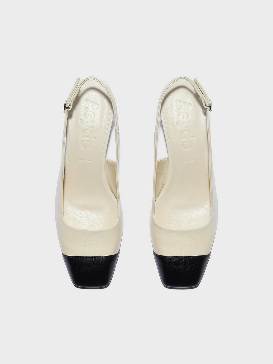 Aeyde | Jacqui Leather Pumps for Women | Creamy/Black Nappa | Square Toe | Low Heel | Front View