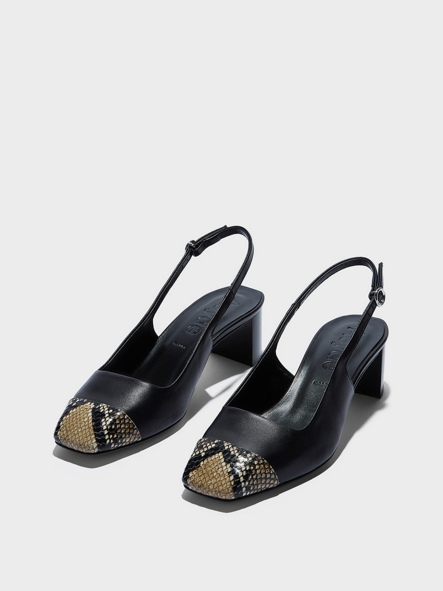 Aeyde | Jacqui Leather Pumps for Women | Black/Hazelnut Nappa/Snake | Square Toe | Low Heel | Luxury Materials | Handmade in Italy