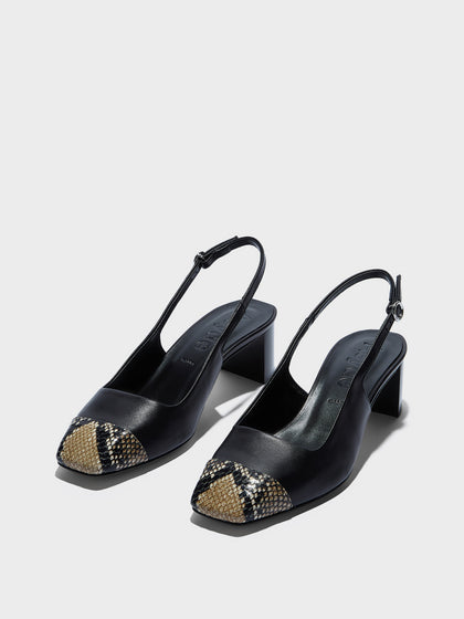 Aeyde | Jacqui Leather Pumps for Women | Black/Hazelnut Nappa/Snake | Square Toe | Low Heel | Luxury Materials | Handmade in Italy