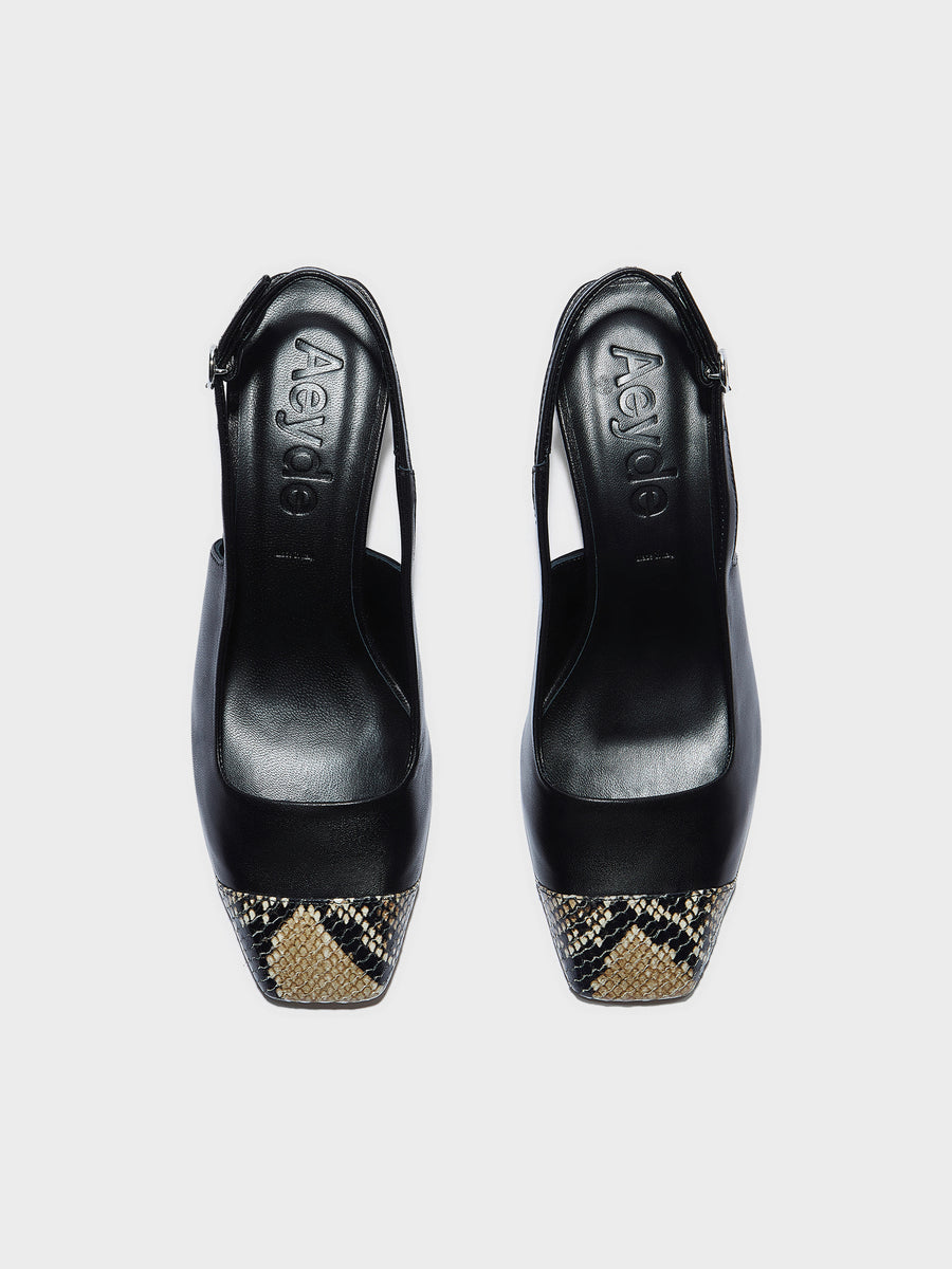 Aeyde | Jacqui Leather Pumps for Women | Black/Hazelnut Nappa/Snake | Square Toe | Low Heel | Front View