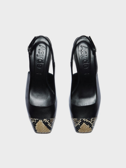 Aeyde | Jacqui Leather Pumps for Women | Black/Hazelnut Nappa/Snake | Square Toe | Low Heel | Front View