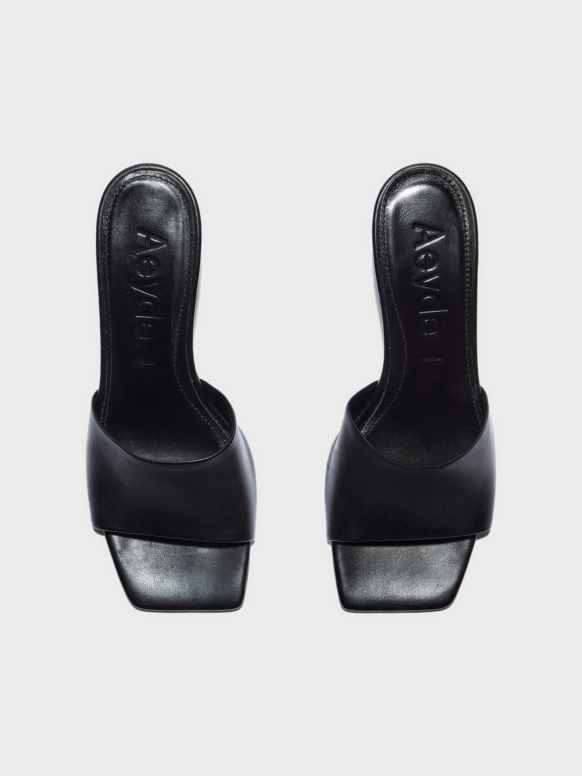Aeyde | Jessie Leather Heeled Sandals for Women | Black Nappa | Square Toe | Mid Heel | Front View
