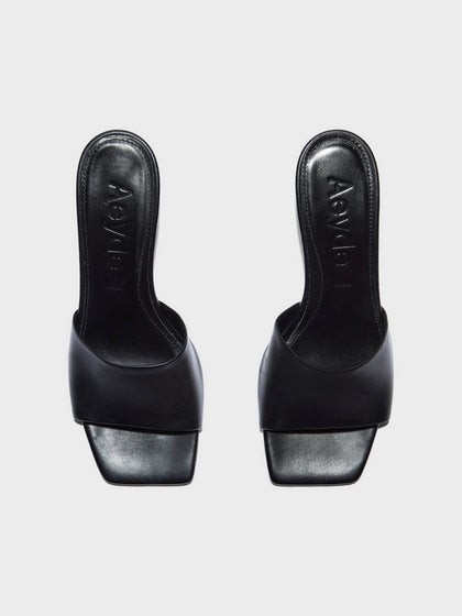 Aeyde | Jessie Leather Heeled Sandals for Women | Black Nappa | Square Toe | Mid Heel | Front View