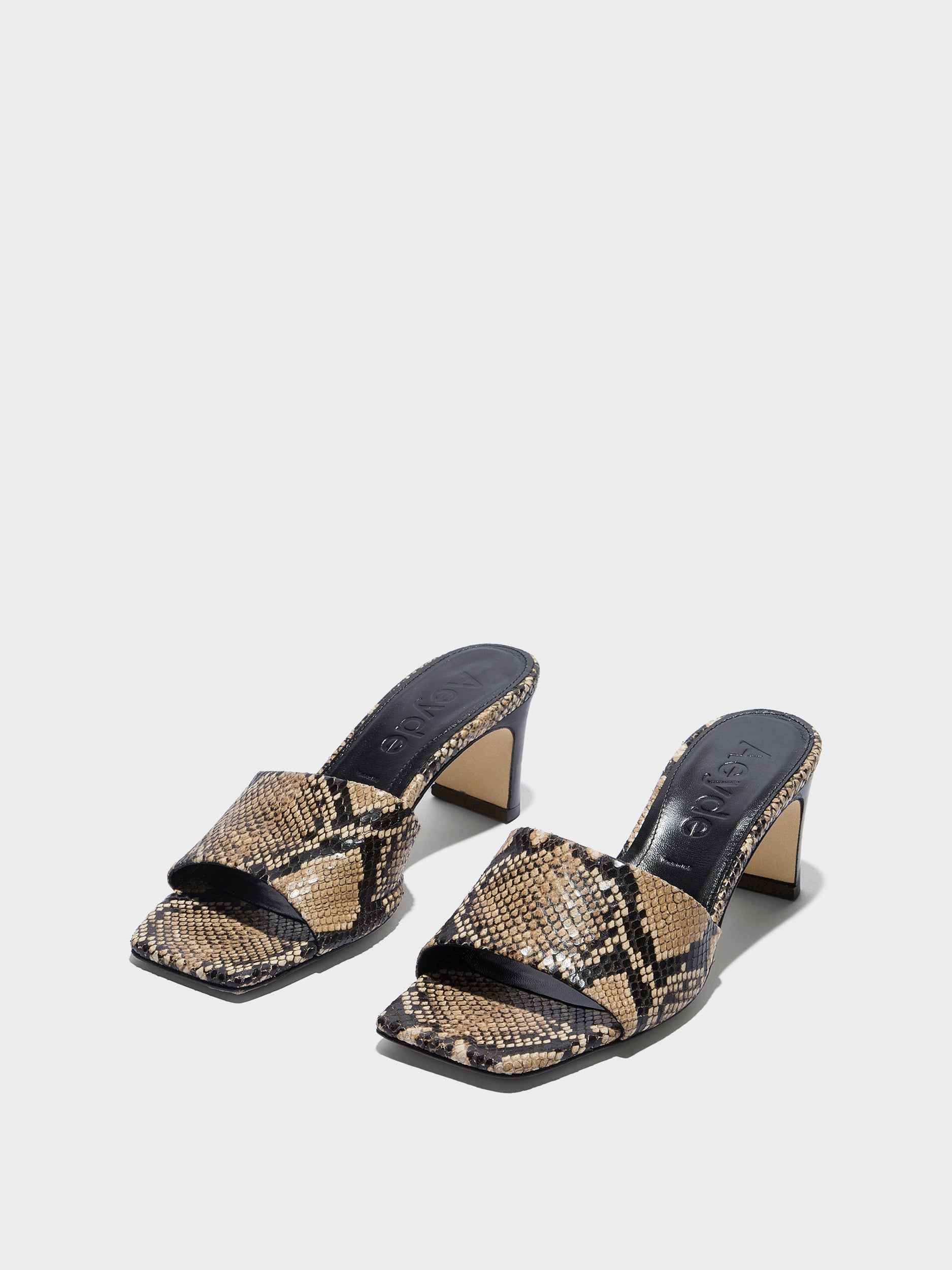 Aeyde | Jessie Leather Heeled Sandals for Women | Hazelnut Snake | Square Toe | Mid Heel | Luxury Materials | Handmade in Italy