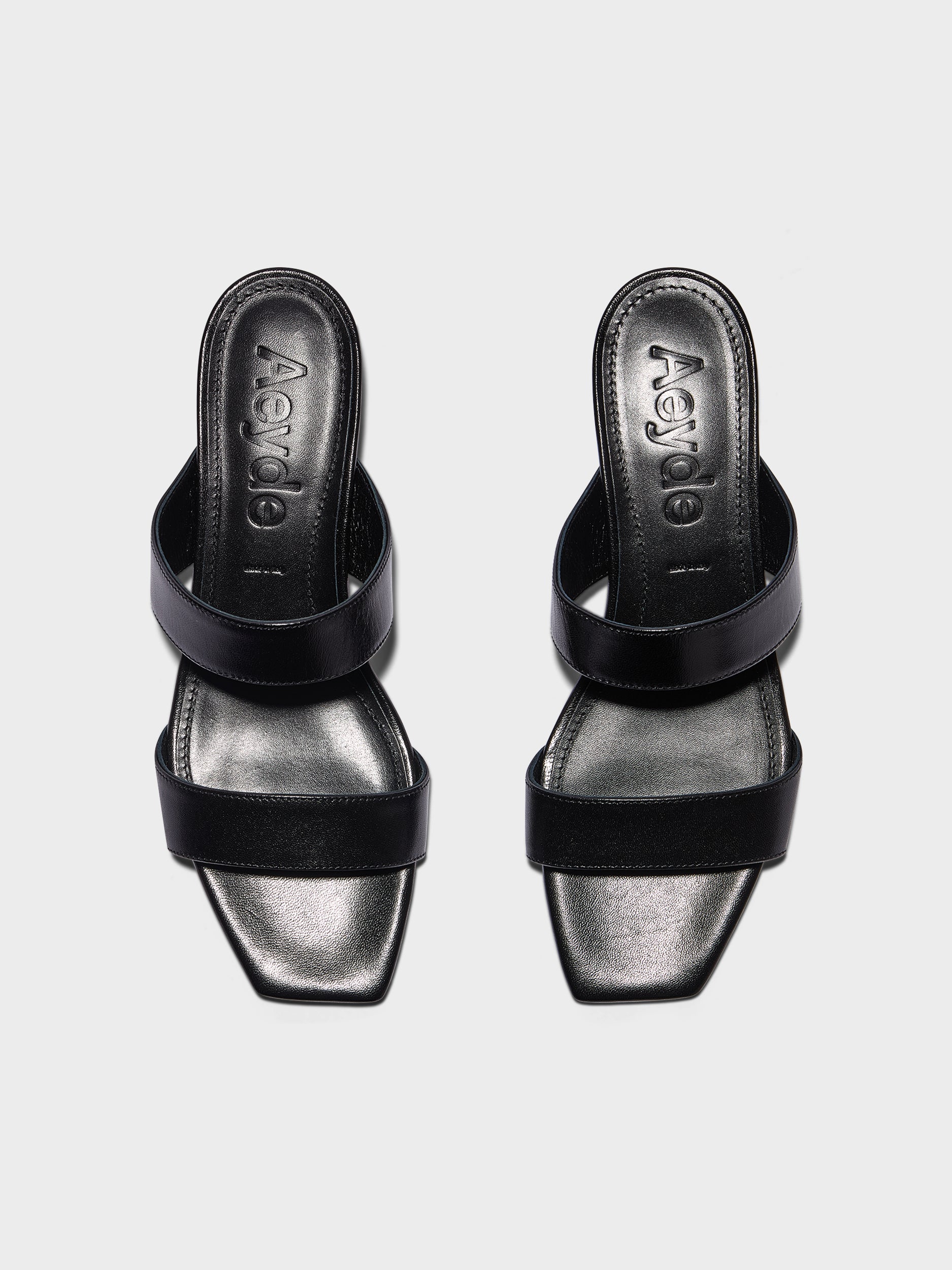 Aeyde | Kemi Leather Heeled Sandals for Women | Black Nappa | Square Toe | Mid Heel | Front View