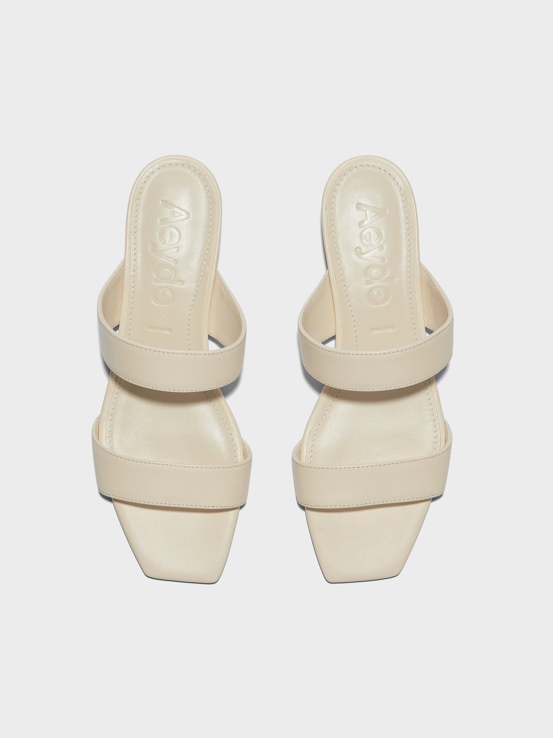 Aeyde | Kemi Leather Heeled Sandals for Women | Creamy Nappa | Square Toe | Mid Heel | Front View