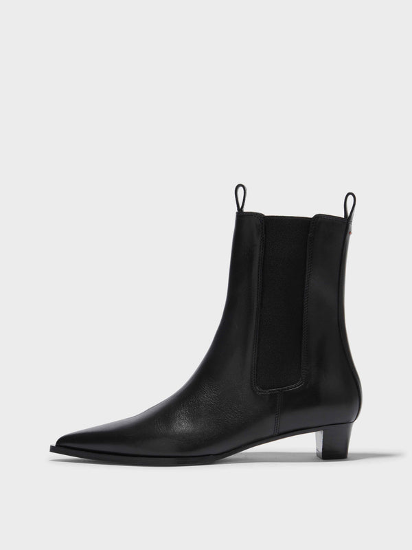 Aeyde | Kiki Leather Ankle Boots for Women | Black Calf | Pointed Toe | Low Heel | Side View