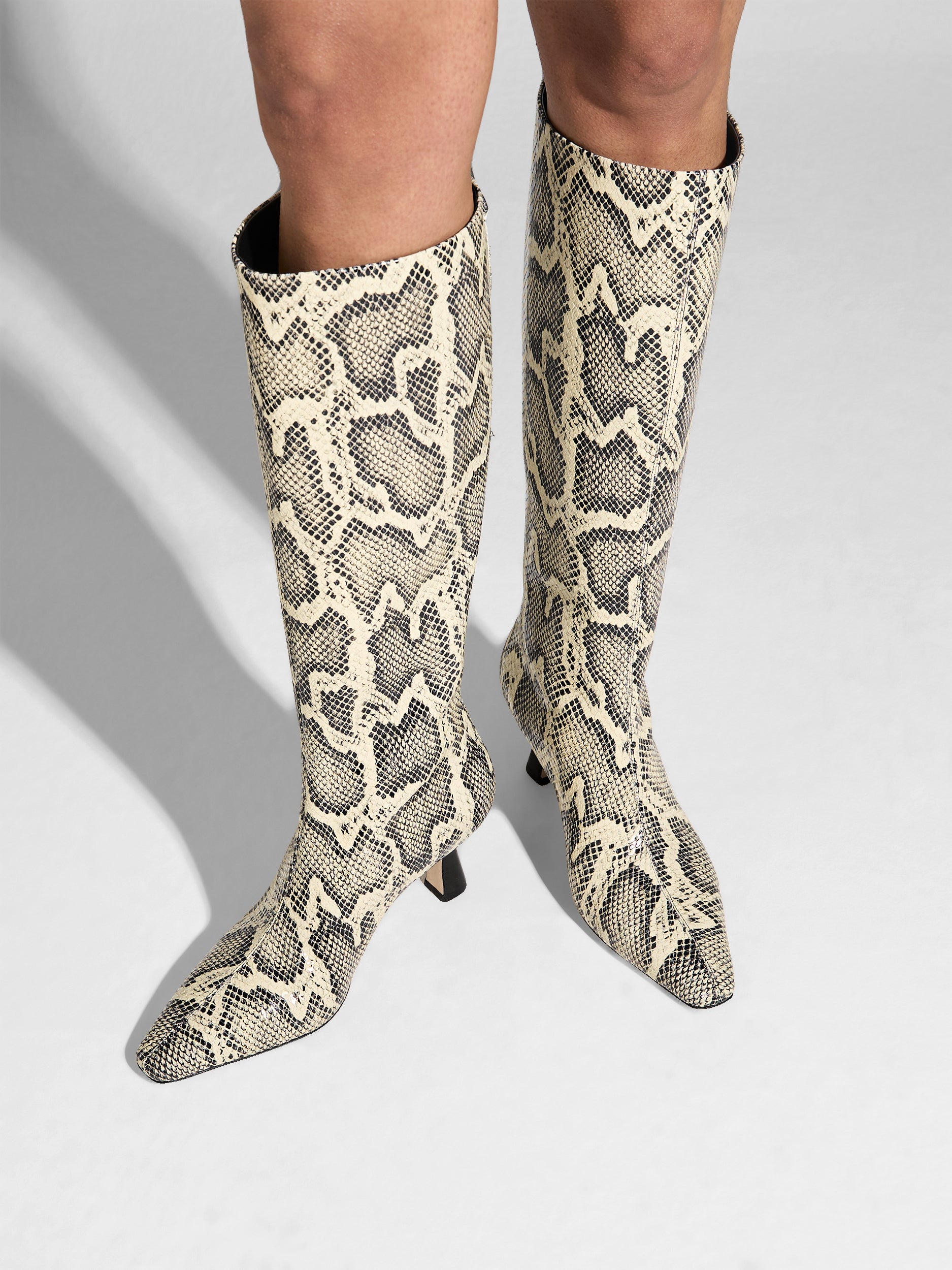 Aeyde | Klea Leather Knee High Boots for Women | Creamy Snake | Square Toe | Mid Heel | On Feet