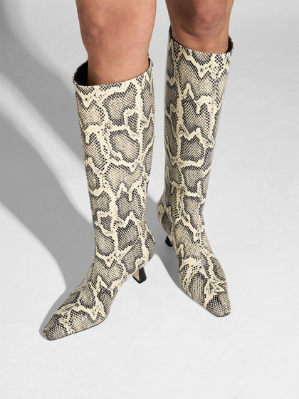 Aeyde | Klea Leather Knee High Boots for Women | Creamy Snake | Square Toe | Mid Heel | On Feet