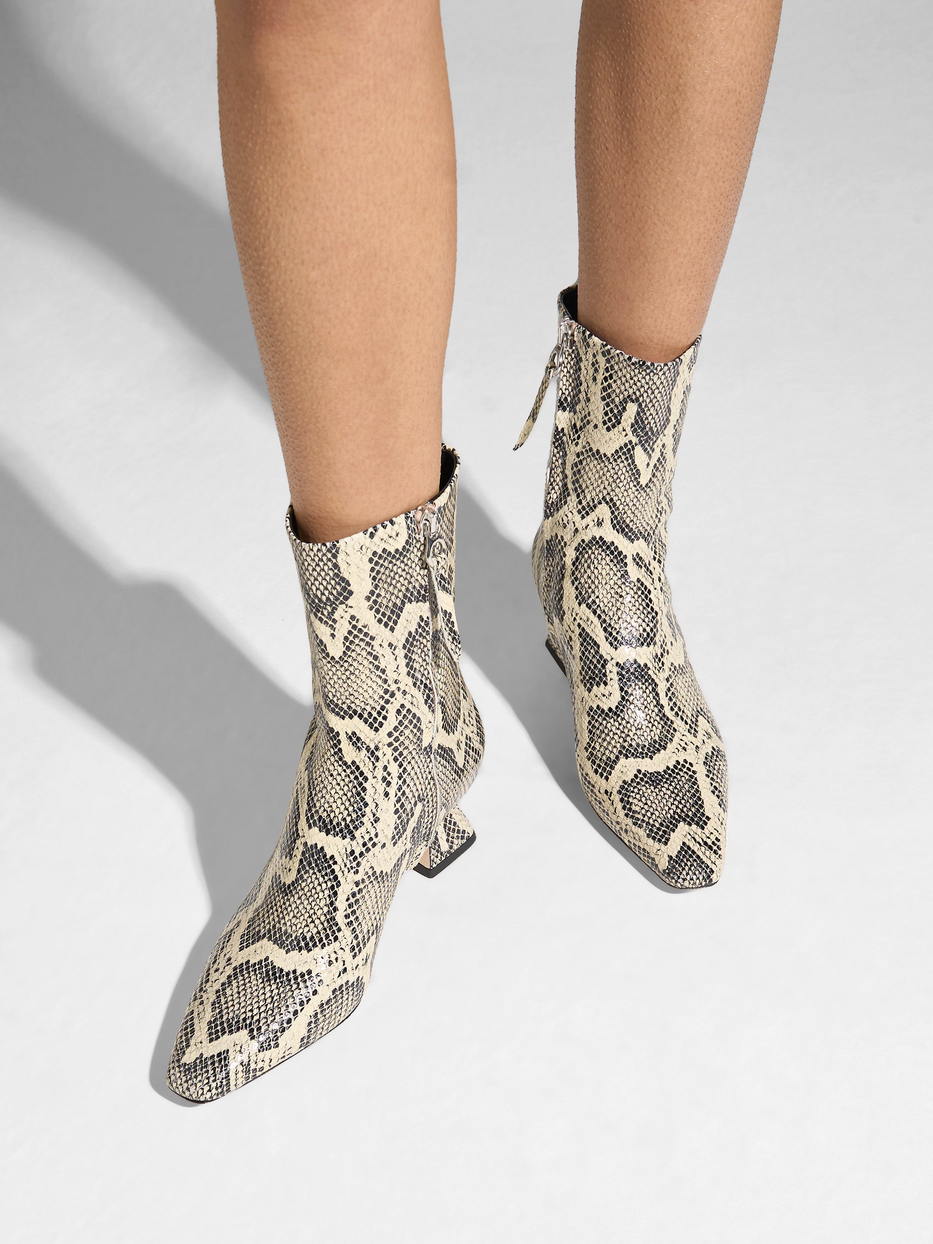 Aeyde | Koko Leather Ankle Boots for Women | Creamy Snake | Square Toe | Mid Heel | On Feet