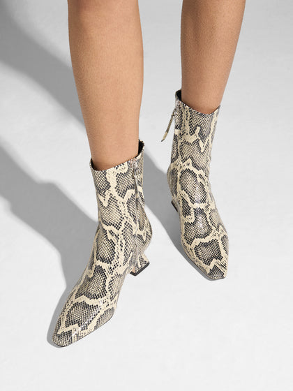 Aeyde | Koko Leather Ankle Boots for Women | Creamy Snake | Square Toe | Mid Heel | On Feet