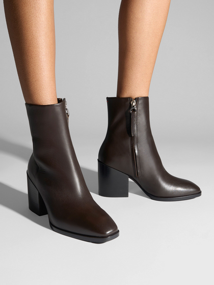 Aeyde | Leandra Leather Ankle Boots Leather Ankle Boots for Women | Moka Calf | Square Toe | High Heel | On Feet