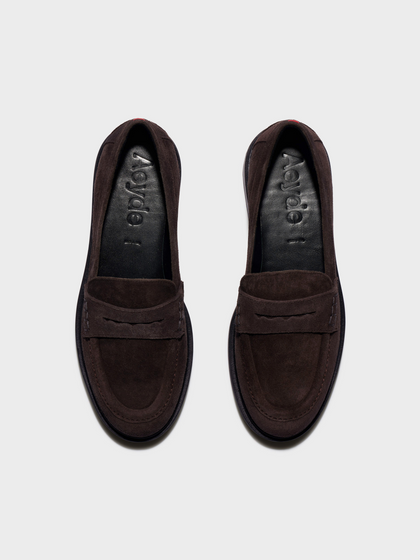 Aeyde | Leon Suede Loafers Leather Flats for Women | Moka Suede | Round Toe | Low Heel | Front View