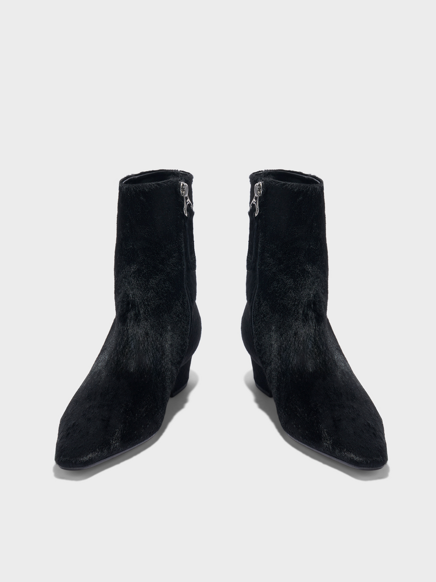 Aeyde | Lilia Pony Hair Ankle Boots Leather Ankle Boots for Women | Black Ponyhair | Square Toe | Low Heel | Heel Details