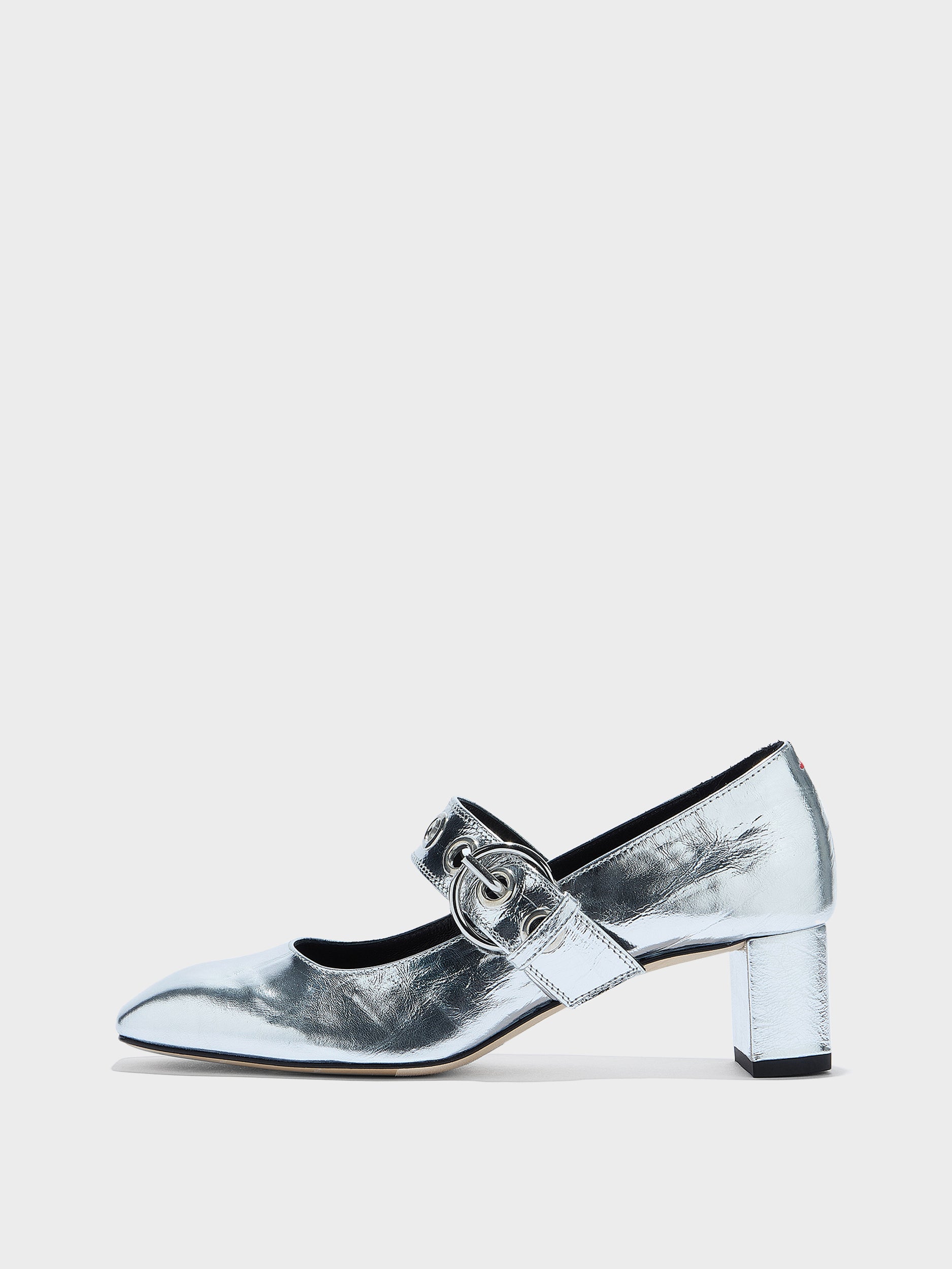 Aeyde | Lina Leather Pumps for Women | Silver Crackle Calf | Square Toe | Low Heel | Side View