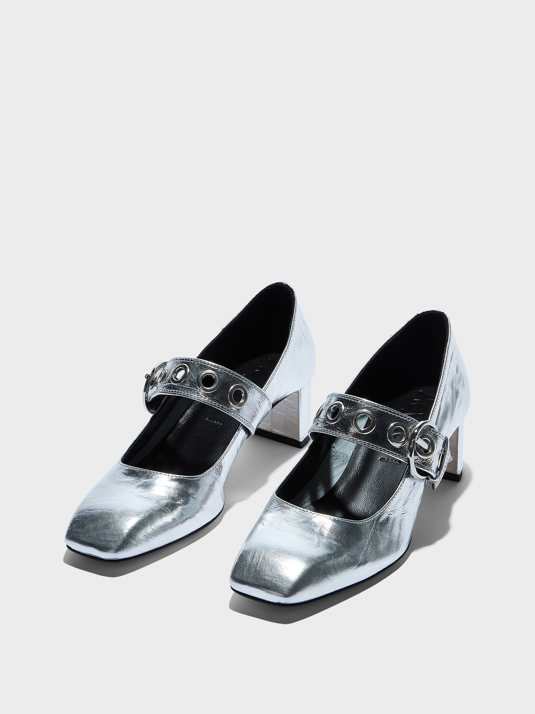 Aeyde | Lina Leather Pumps for Women | Silver Crackle Calf | Square Toe | Low Heel | Luxury Materials | Handmade in Italy