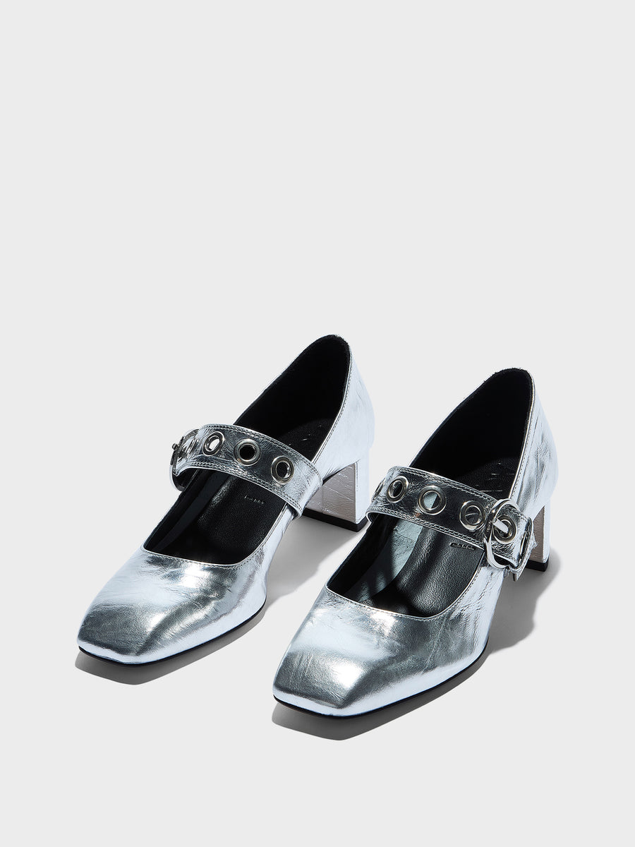 Aeyde | Lina Leather Pumps for Women | Silver Crackle Calf | Square Toe | Low Heel | Luxury Materials | Handmade in Italy
