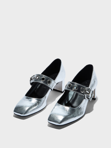 Aeyde | Lina Leather Pumps for Women | Silver Crackle Calf | Square Toe | Low Heel | Luxury Materials | Handmade in Italy