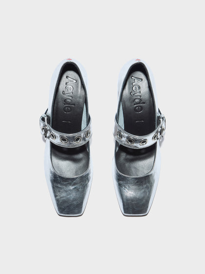 Aeyde | Lina Leather Pumps for Women | Silver Crackle Calf | Square Toe | Low Heel | Front View