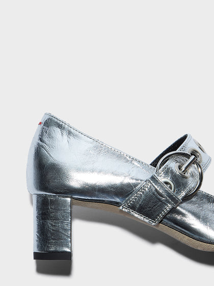 Aeyde | Lina Leather Pumps for Women | Silver Crackle Calf | Square Toe | Low Heel | Heel Details
