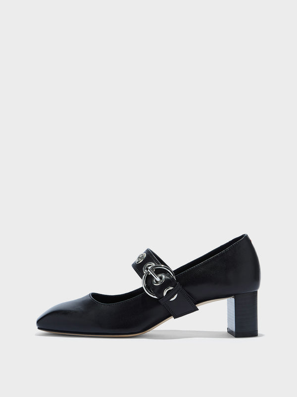 Aeyde | Lina Leather Pumps for Women | Black Nappa | Square Toe | Low Heel | Side View